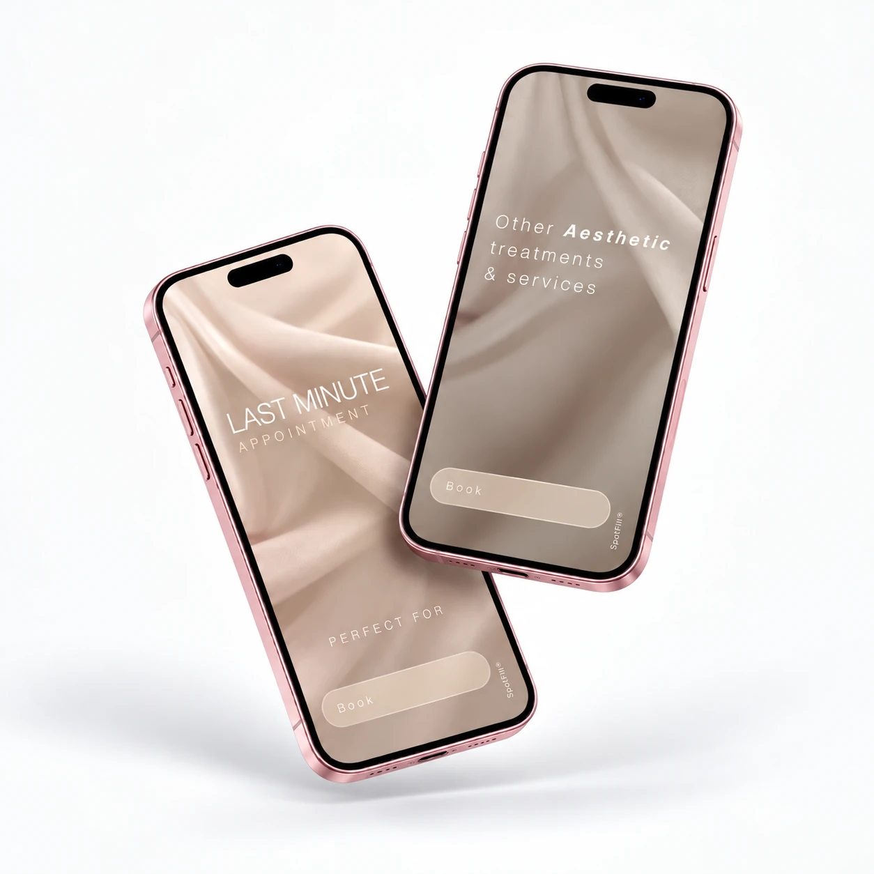Two floating pink smartphones displaying luxury beige Instagram Stories for last-minute appointments and aesthetic services.