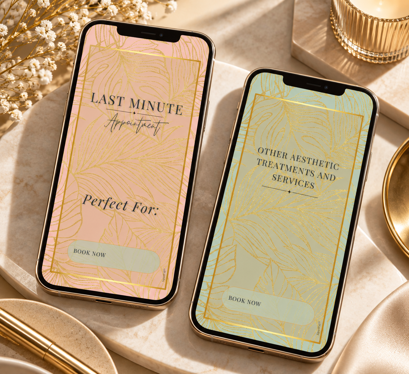 Two smartphones displaying pink and sage green SpotFill Instagram Story templates promoting last-minute appointments and aesthetic treatments.