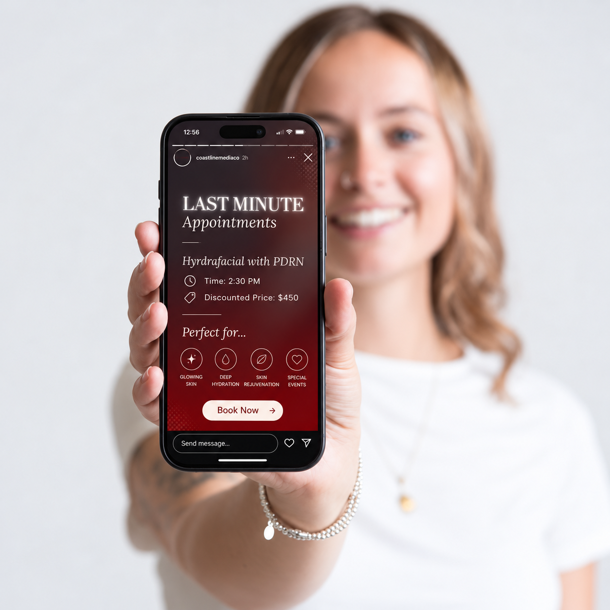 Woman holding a smartphone showing a SpotFill Instagram Story promoting a HydraFacial with PDRN appointment at 2:30 PM for $450.